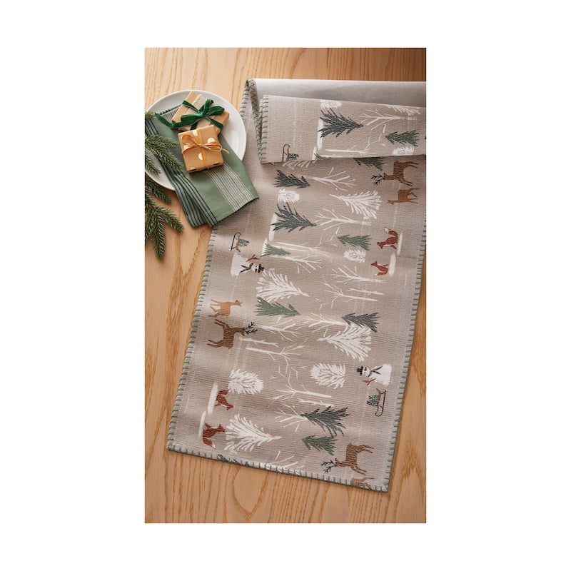 Classic Fresh Balsam Winter Forest with Woodland Critters Cotton Table Runner 72 in.