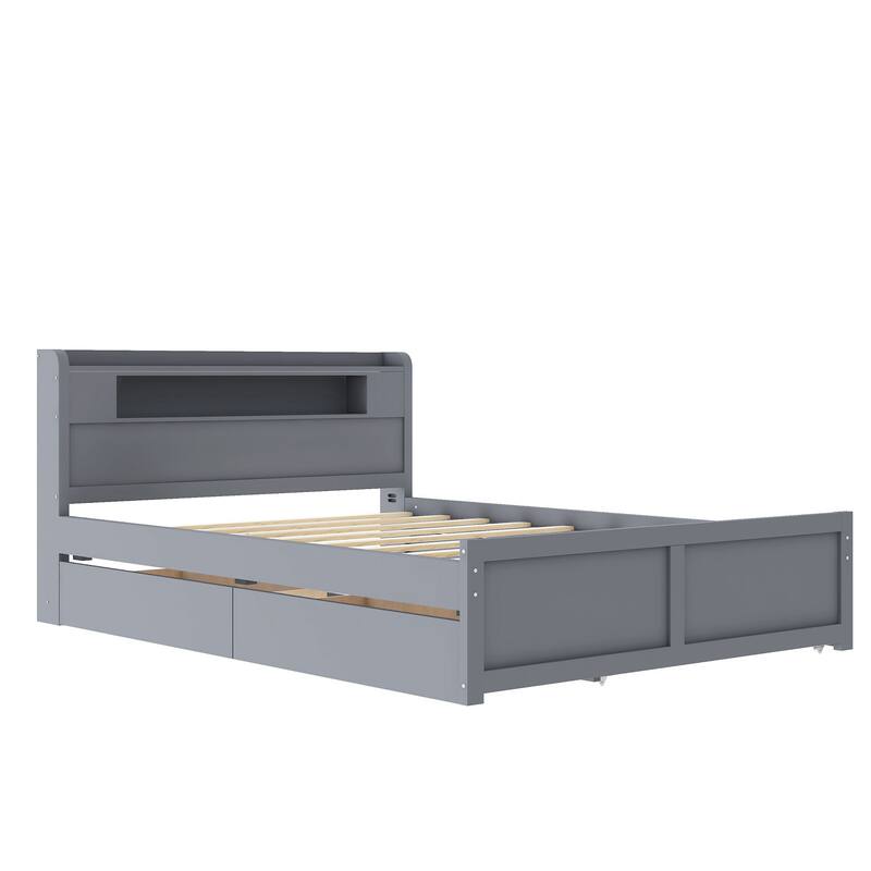 Queen Size Platform Bed with LED Headboard, Trundle & Drawers