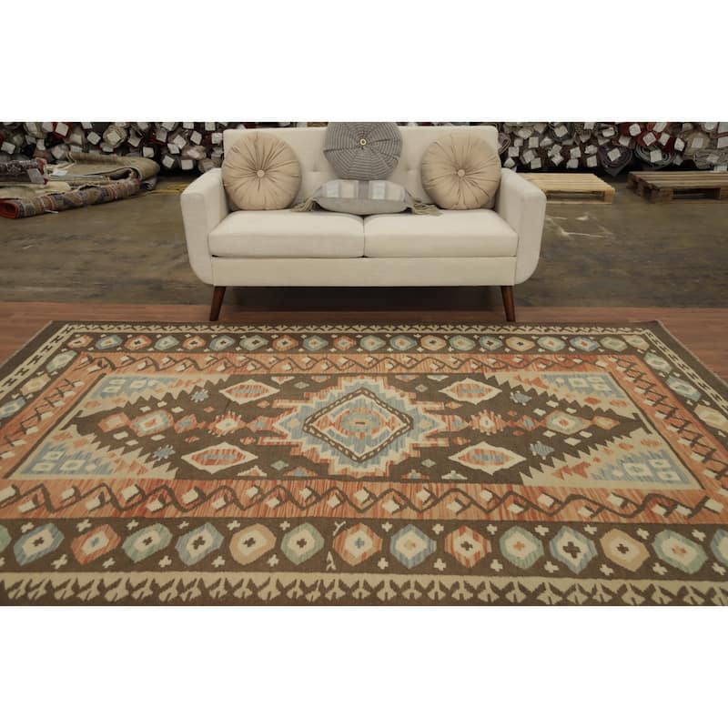 Hand Woven Oriental 100% Wool Carpet Southwestern Tribal Brown Kilim Area Rug - 9' 6'' X 6' 5''
