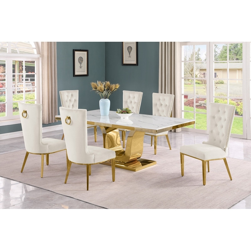 Best Quality Furniture D321-SC334-7 Dining Set with 78" White Marble Top