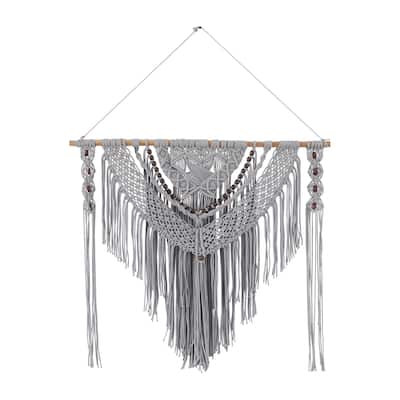 Cotton Fabric Macrame Handmade Intricately Weaved Wall Decor with Beaded Fringe Tassels - Gray - Roche River Decor
