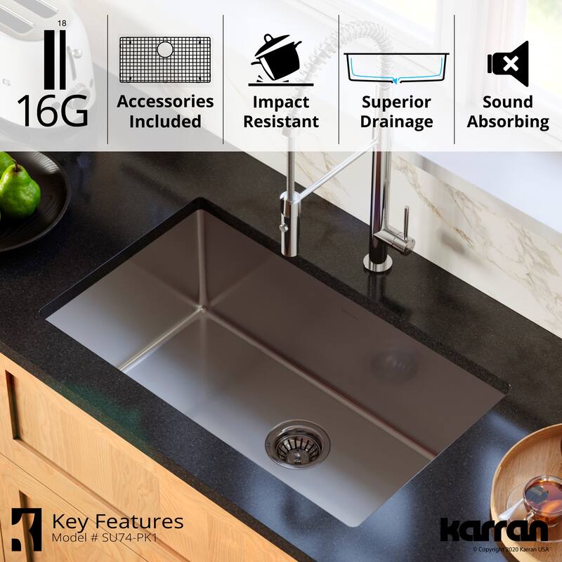 Karran 30" Undermount 16-Gauge Stainless Steel Extra Large Single Bowl Kitchen Sink Kit