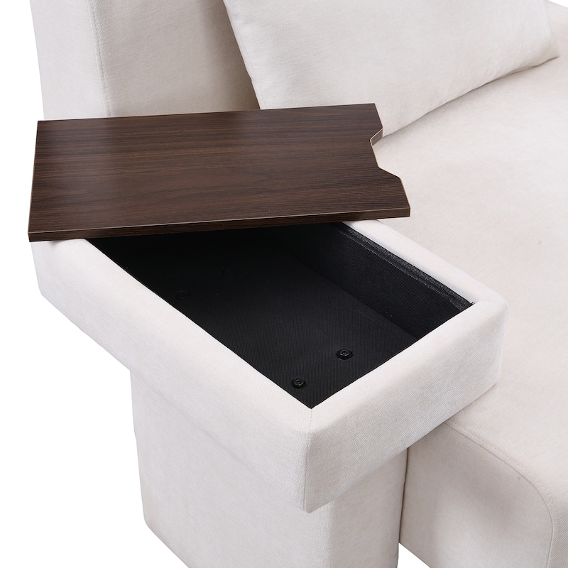Modern Armchair Lounge Chair Sofa Chair with Built-In Storage, Wooden Table Armrest, Extra-Wide Seat