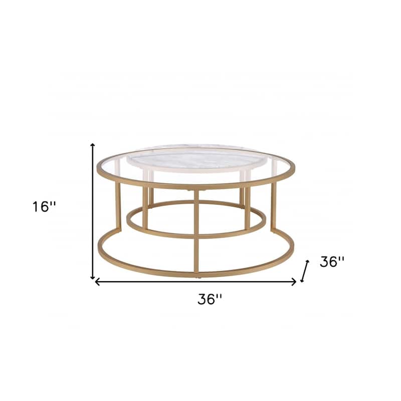 HomeRoots Set of Two Clear White and Gold Glass And Faux Marble And Iron Round Frame Nested Coffee Tables - 36