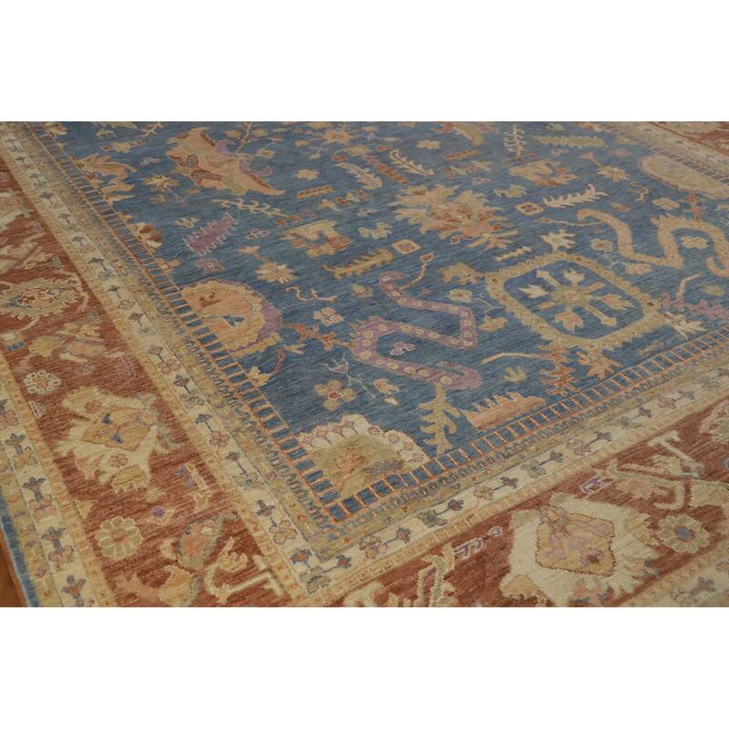 Hand Knotted Oriental 100% Wool Carpet Transitional All-Over Navy Blue & Blues Oushak Area Rug - 13' 11'' X 9' 9''