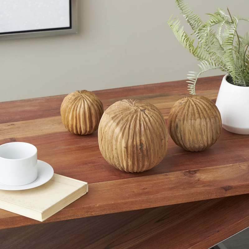 Teak Wood Handmade Carved Orbs & Vase Filler with Ridges - Set of 3 Brown or Black - Roche River Decor
