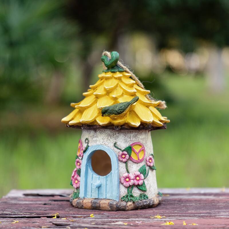 Glitzhome 9''H Resin Pink Yellow Roof Outdoor Garden Birdhouse