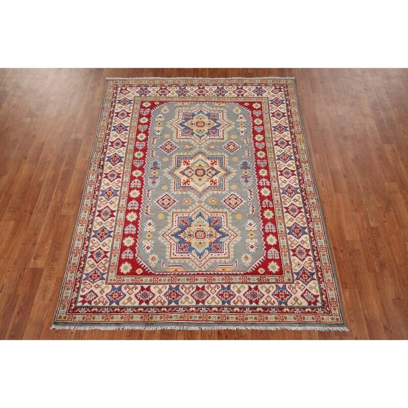 Grey Kazak Oriental Area Rug Handmade Wool Carpet - 4'11" x 6'8"