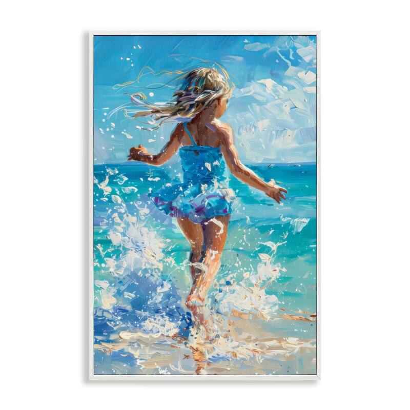 Stupell Girl Splashing on Shore Framed Giclee Art Design By LSR Design Studio - 16 x 24 - White