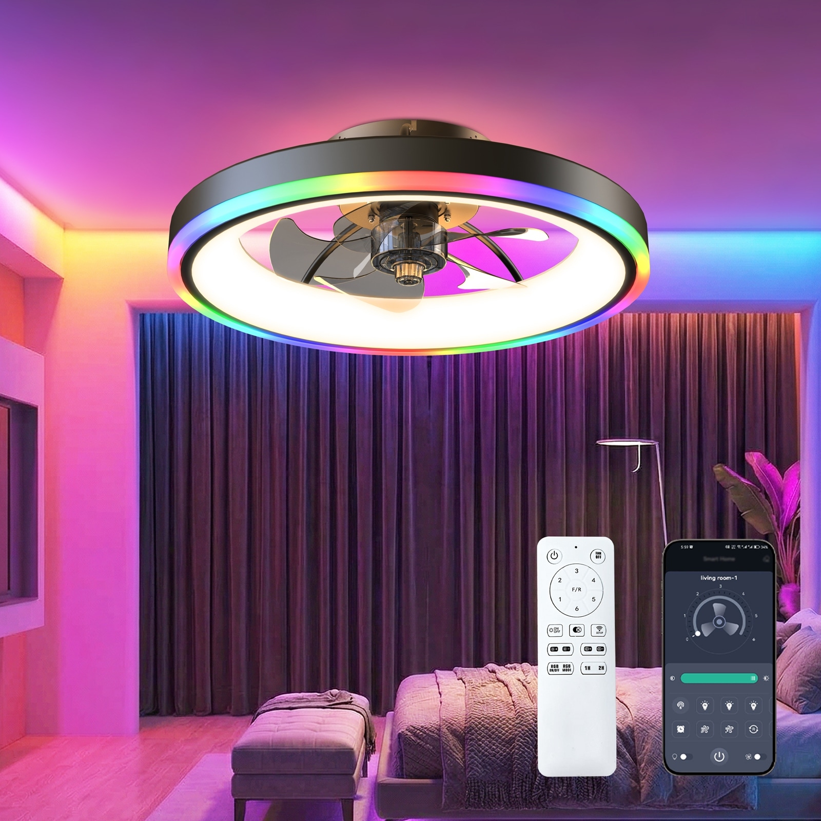 19.7" Modern RGB Ceiling Fan with Lights, Flush Mount Low Profile Fan with Remote & APP, 6-Speed Reversible Silent DC Motor