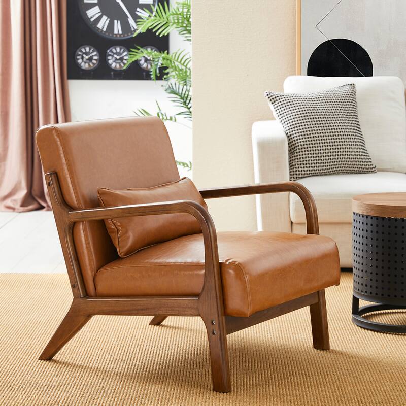 Glitzhome 30.75"H Mid-Century PU Leather Armchair with Ottoman Set
