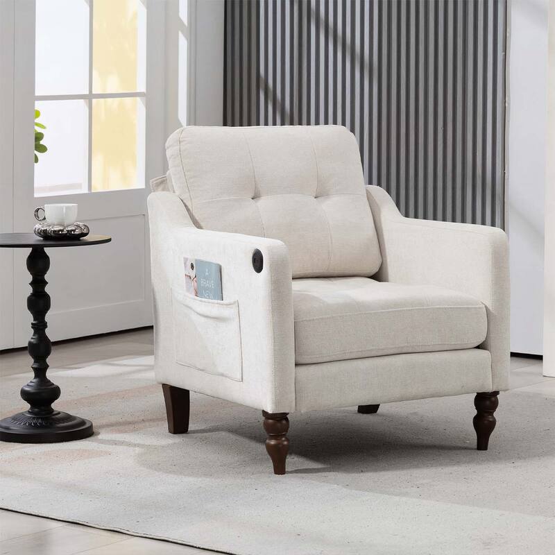 Accent Chair with USB Charging,Ergonomic Backrest,and Retro Wooden Legs