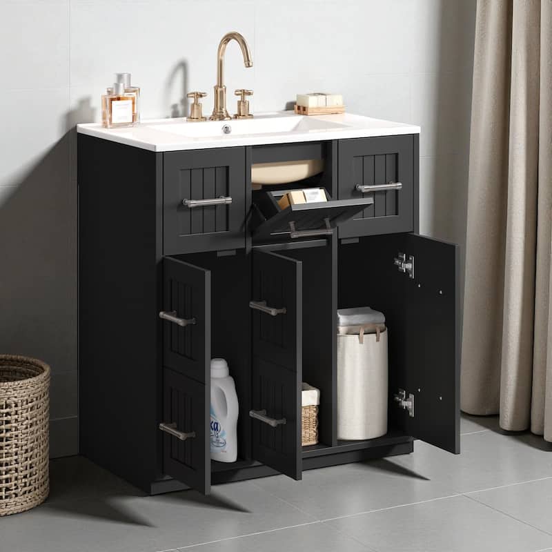 30-Inch Bathroom Vanity with Undermount Sink, Solid Wood Frame Cabinet with Tip-Out Drawer and Soft-Close Doors