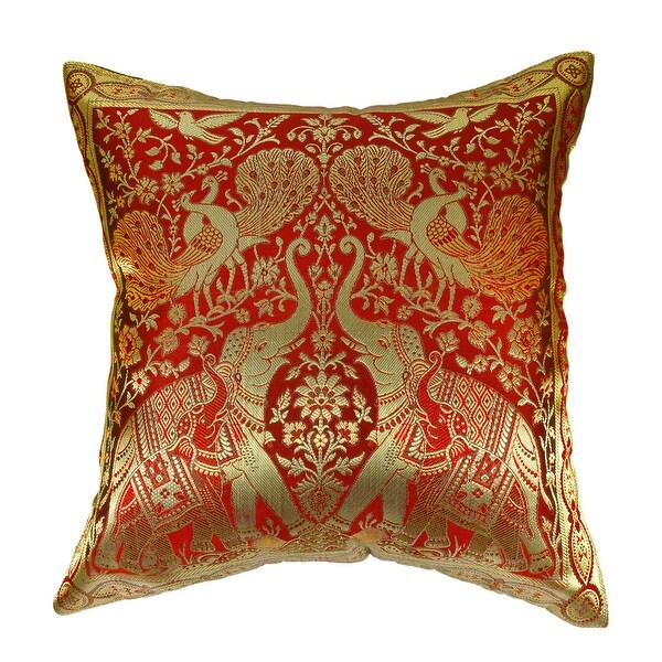 Handmade Red Loving Elephant Peacock and Bird Silk Throw Pillow