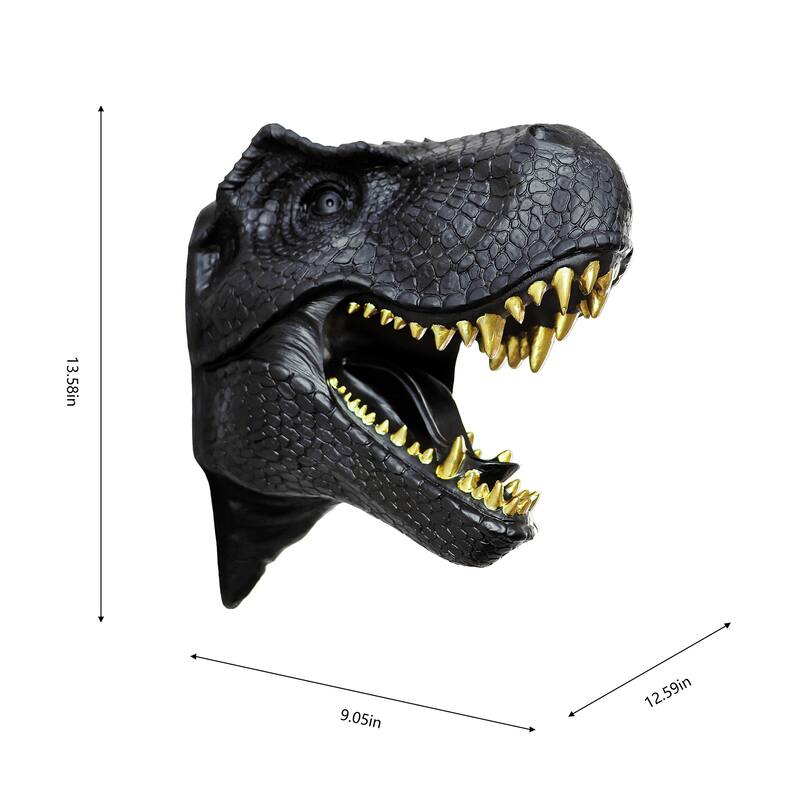 Dinosaur Head Hanging Wall Sculpture - 13.5" - Black and Gold