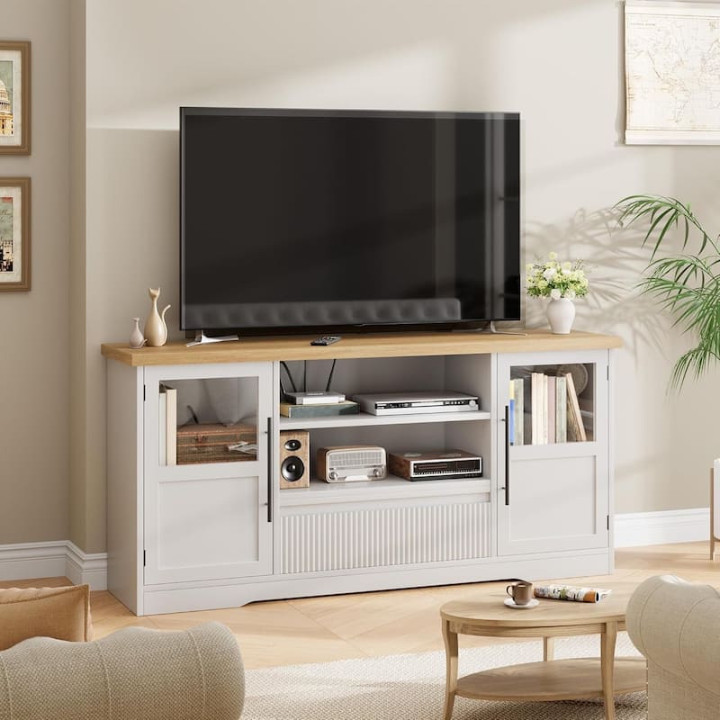 Retro TV Stand for 75 Inch TV Media Console with 2 Glass Cabinets & Open Shelves - N/A - White