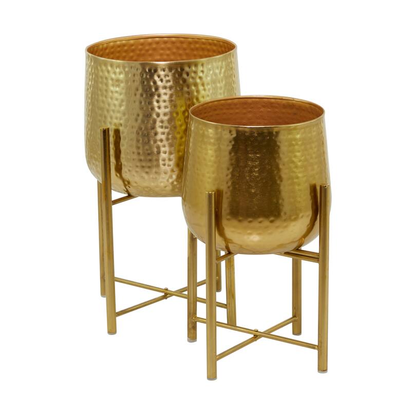 Metal Hammered Planter with X-Shaped Stands - Set of 2 Silver, Black or Gold - CosmoLiving by Cosmopolitan
