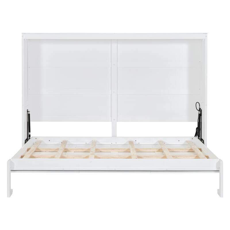 Full/Queen Size Murphy Bed with Rattan Doors and Charging Station, Hideaway Wood Wall Chest Bed Frame, No Box Spring Needed