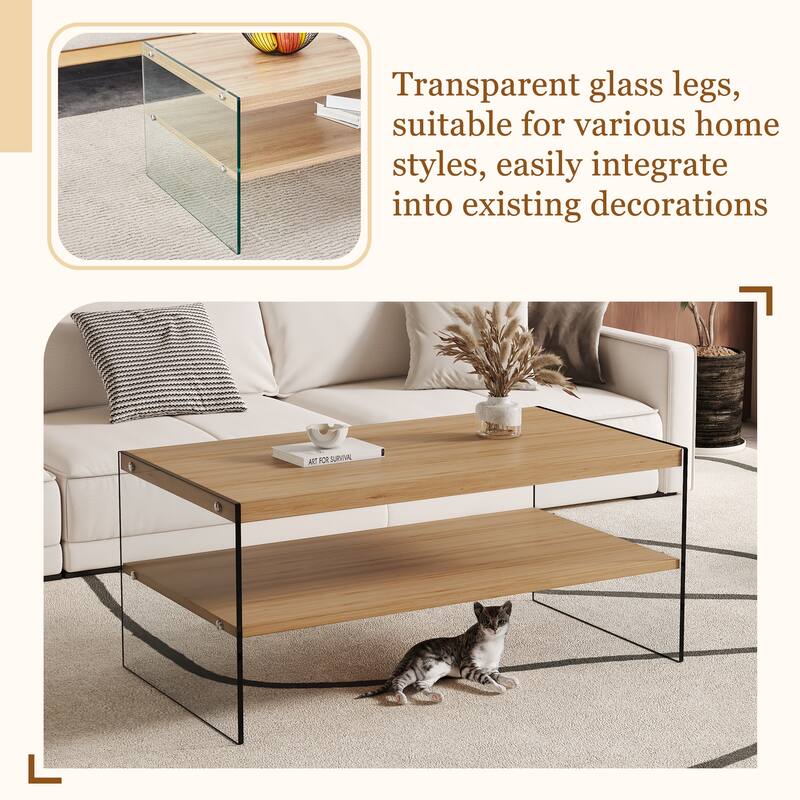 43.3" Modern Rectangular Coffee Table with Tempered Glass Legs and Storage Shelf