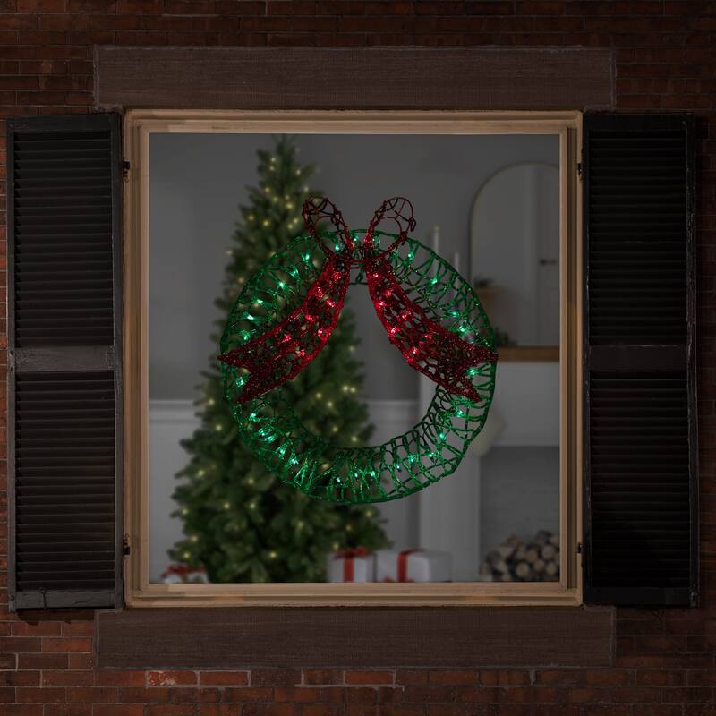 20" Green and Red Lighted Wreath and Bow Christmas Window Silhouette Decoration