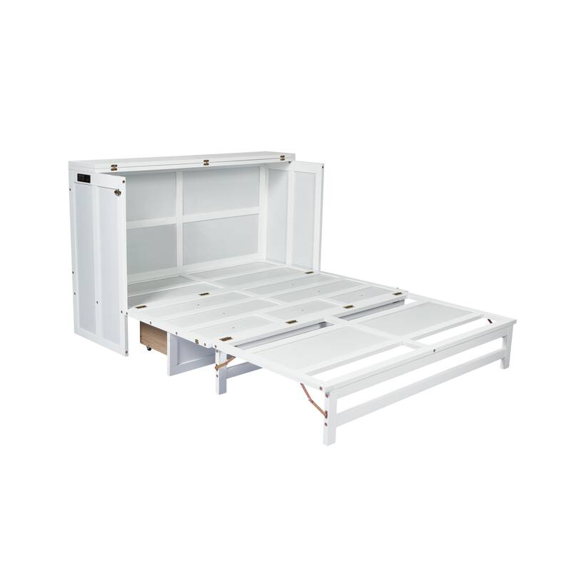 Roomfitters Queen Murphy Bed Cabinet with Storage Compartment, Charging Station with USB, Solid Pine Wall Bed