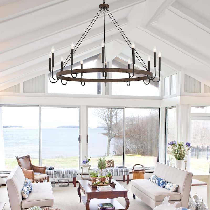 Kiro 12-light 46In Farmhouse Candle Wagon Wheel Chandelier with UL Certified