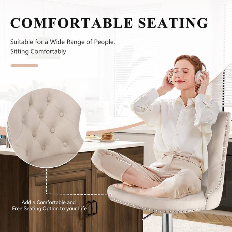 Velvet Swivel Bar Stools,Modern Bar Stools with High Back and Metal Footrest,Adjustable Swivel Barstools (Set of 2)