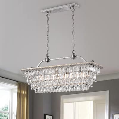 Antique Silver 4-Light Rectangular Kitchen Island Lighting with Crystal Hanging
