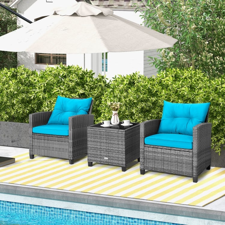 3-Piece Outdoor Wicker Patio Furniture Set with Tempered Glass Coffee Table - 26.5" x 26.5" x 30" (L x W x H)