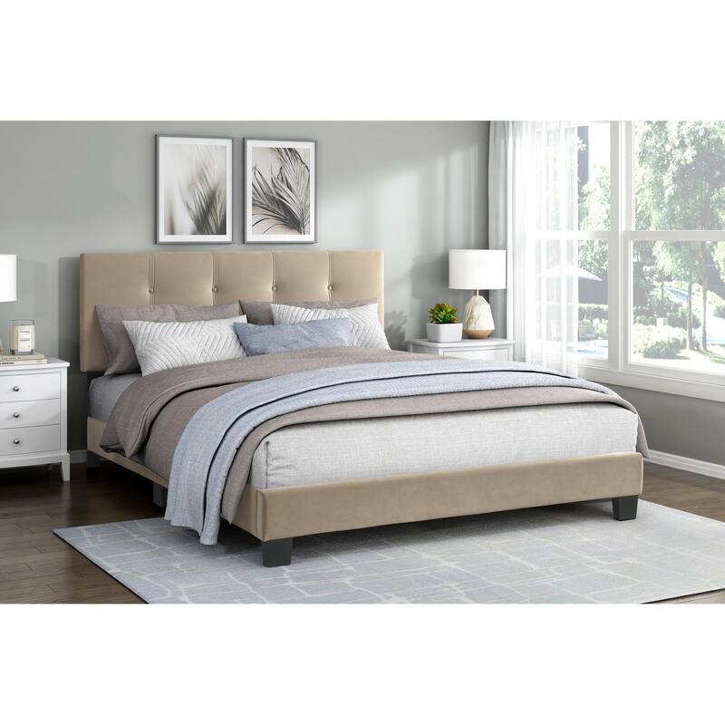 Queen Platform Bed with Adjustable Height Headboard, Light Brown Velvet Upholstery, Solid Wood Frame - Light Brown