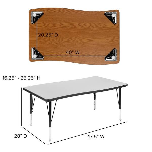 dimension image slide 2 of 5, 76" Oval Wave Flexible Laminate Activity Table Set with 14" Student Stack Chairs - 76"D x 47.5"W x 16.25" - 25.25"H