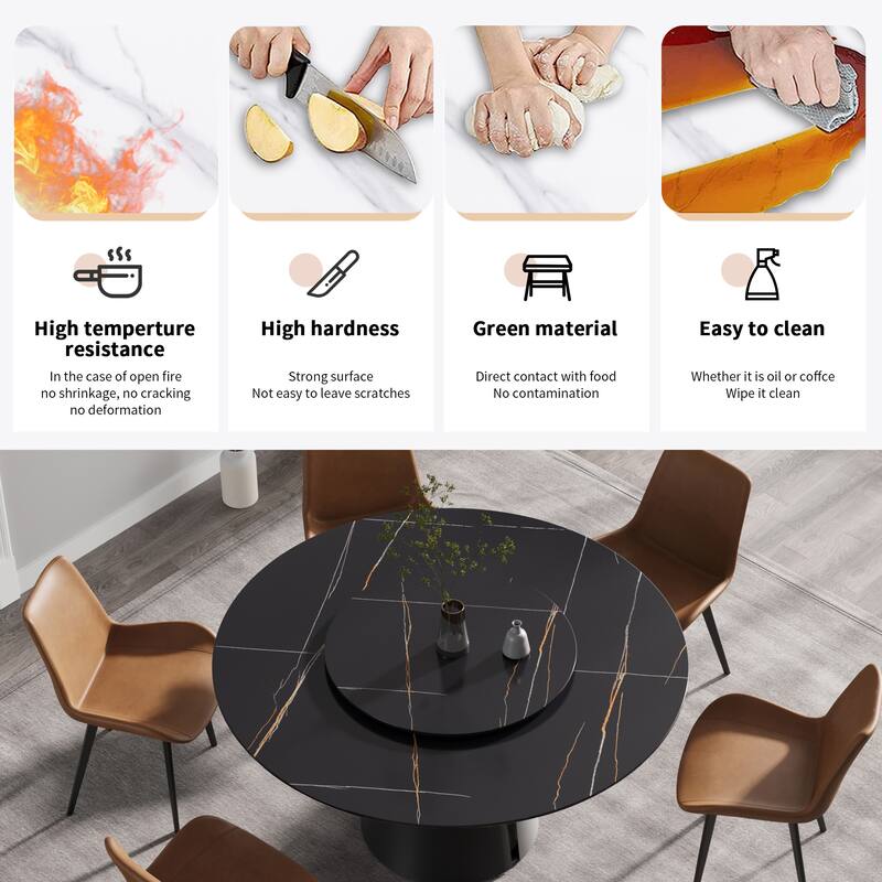 59.05"Modern artificial stone round carbon steel base dining table-can accommodate 6 people-31.5"black artificial stone