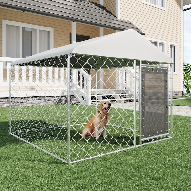 EROMMY Outdoor Dog Kennel, Heavy Duty Large Dog Kennels with Waterproof Cover and Rotating Feeding Door - 6' x 6'