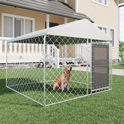 EROMMY Outdoor Dog Kennel, Heavy Duty Large Dog Kennels with Waterproof Cover and Rotating Feeding Door