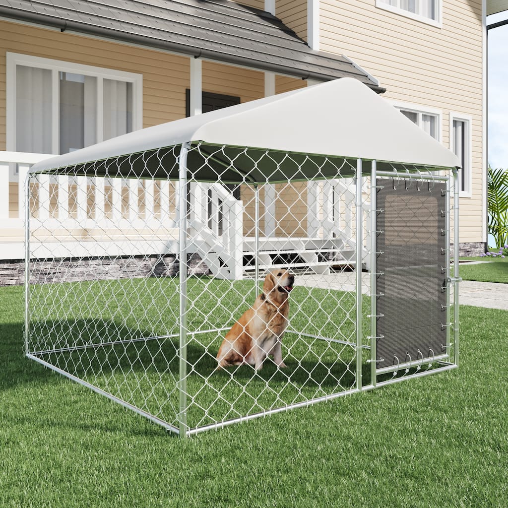 EROMMY Outdoor Dog Kennel, Heavy Duty Large Dog Kennels with Waterproof Cover and Rotating Feeding Door