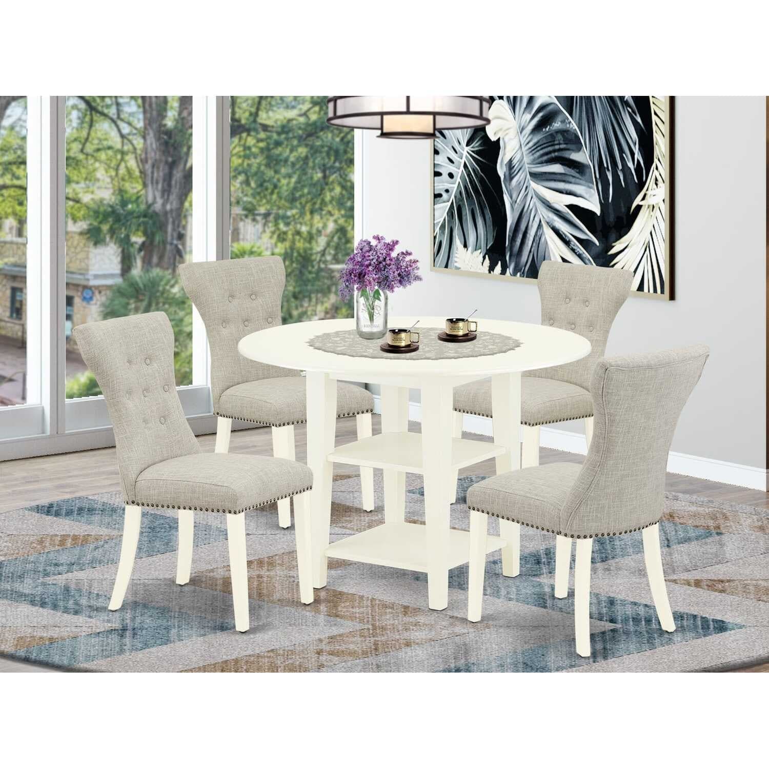 5-Piece Linen White Finish Solid Wood Top - Round Dining Room Set with Leaf - Seats 4