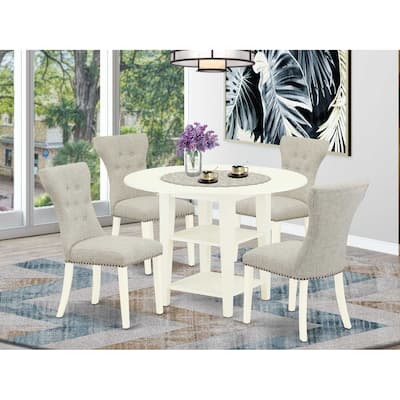 5-Piece Linen White Finish Solid Wood Top - Round Dining Room Set with Leaf - Seats 4
