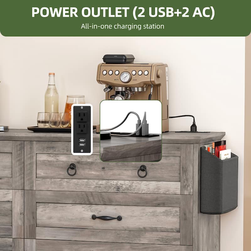 Farmhouse 6 Drawer Dresser, TV Stand, Chest of Drawers With Charger Station And Side Pocket