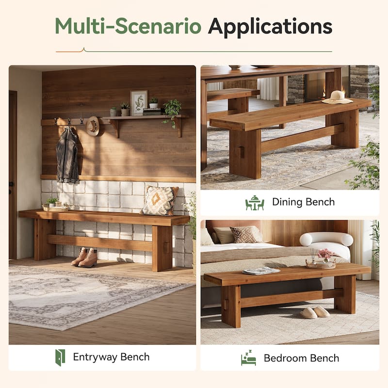 63" Long Solid Wood Entryway Bench, Farmhouse Indoor End of Bed Bench