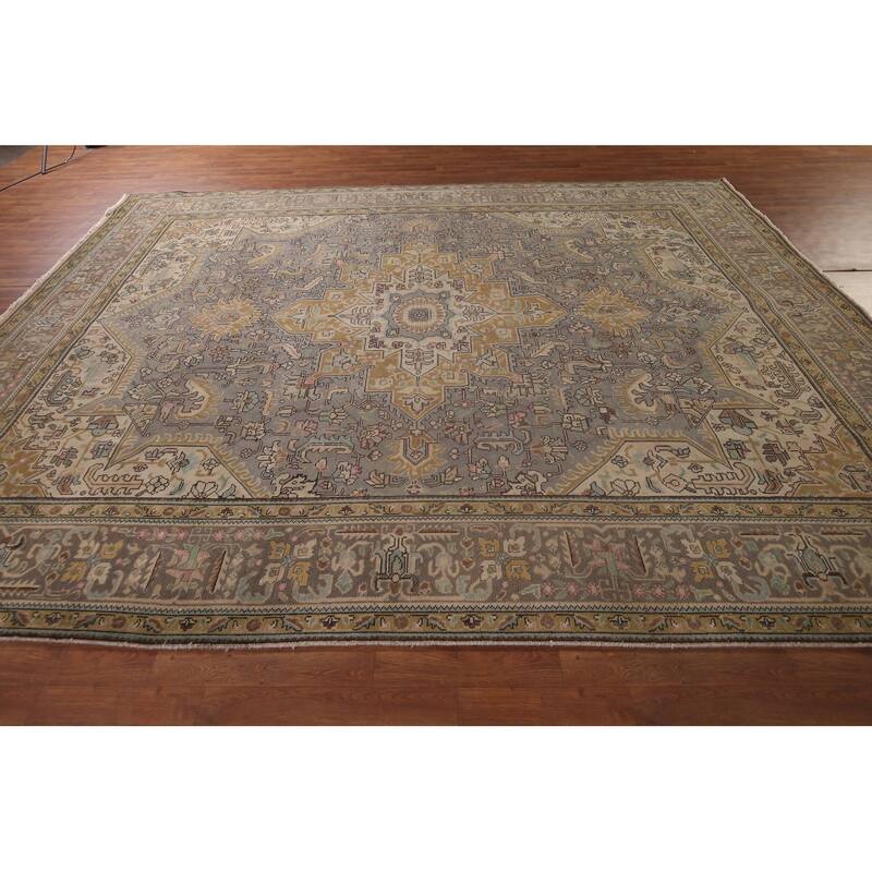 Gray Tabriz Persian Vintage Rug Hand-Knotted Medallion Wool Carpet - 9'8"x 12'9"