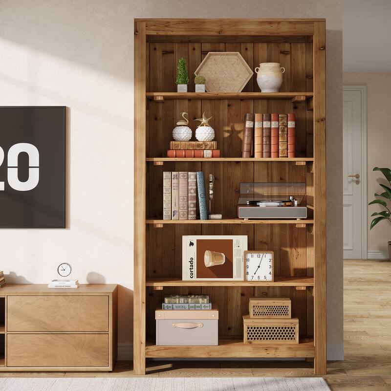 5-Tier Tall Heavy Duty Floor Bookcase, Solid Wood Large Bookshelf