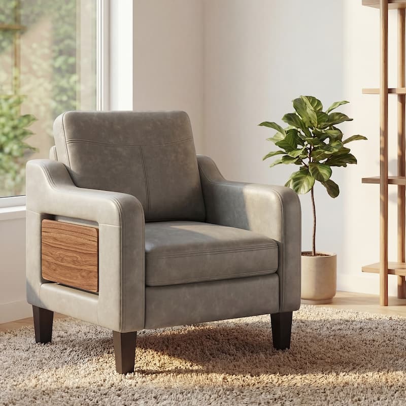 Modern Accent Chair with Wooden Armrest Comfortable Single Sofa Armchair for Living Room Bedroom Reading