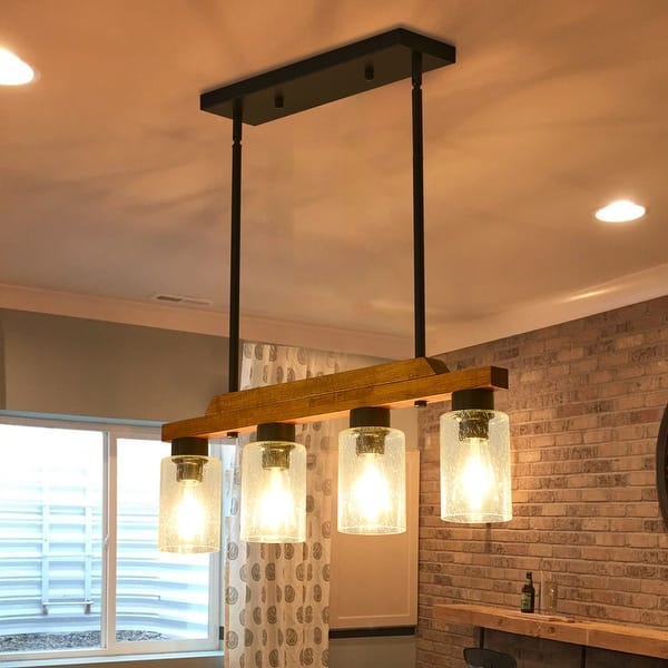 slide 2 of 69, Farmhouse Linear Chandelier Rustic Wood Kitchen Island Lighting Dining Room Pendant Light Fixture with Seeded Glass Shade 4 Light-27.55"