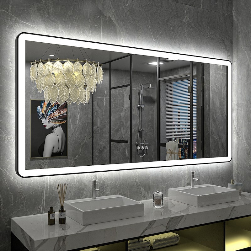 Framed Front & Back LED Lighted Anti-Fog Tempered Glass Wall Bathroom Vanity Mirror