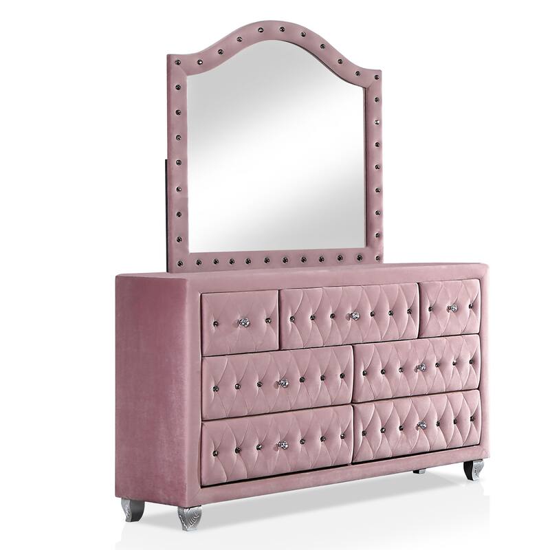 Vyvi Glam Pink Upholstered 2-piece 7-Drawer Dresser and Mirror Set by Furniture of America