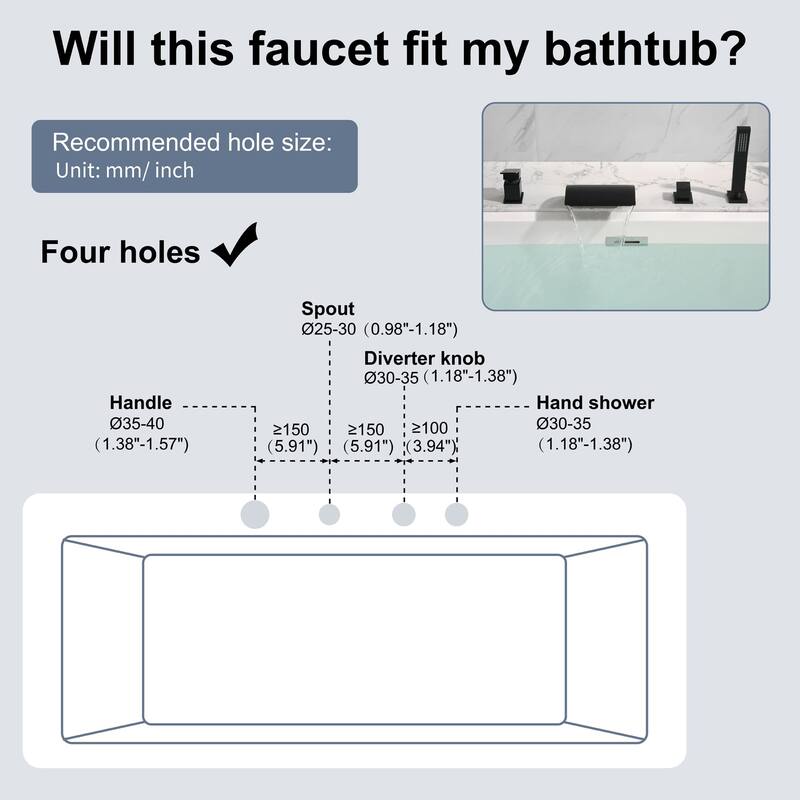 Deck Mounted Four Holes Tub Faucet Waterfall Modern Bath Tub Faucet with Handheld Shower Tub Fillers with Pressure Balance Valve