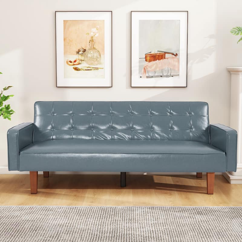 Mid-Century 74” in PU Leather Futon Sofa Bed, Button Tufted Sofa 3-Seat for Living Room Bedroom