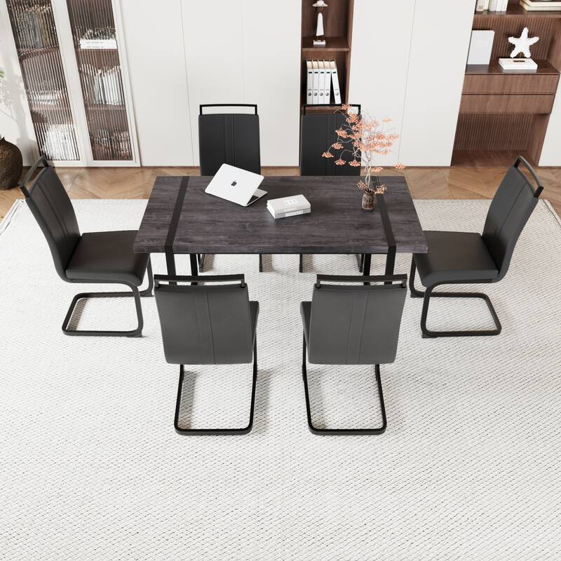 Modern Dining Set with Rectangular MDF Black Table & High Back C-shaped Tube Chairs
