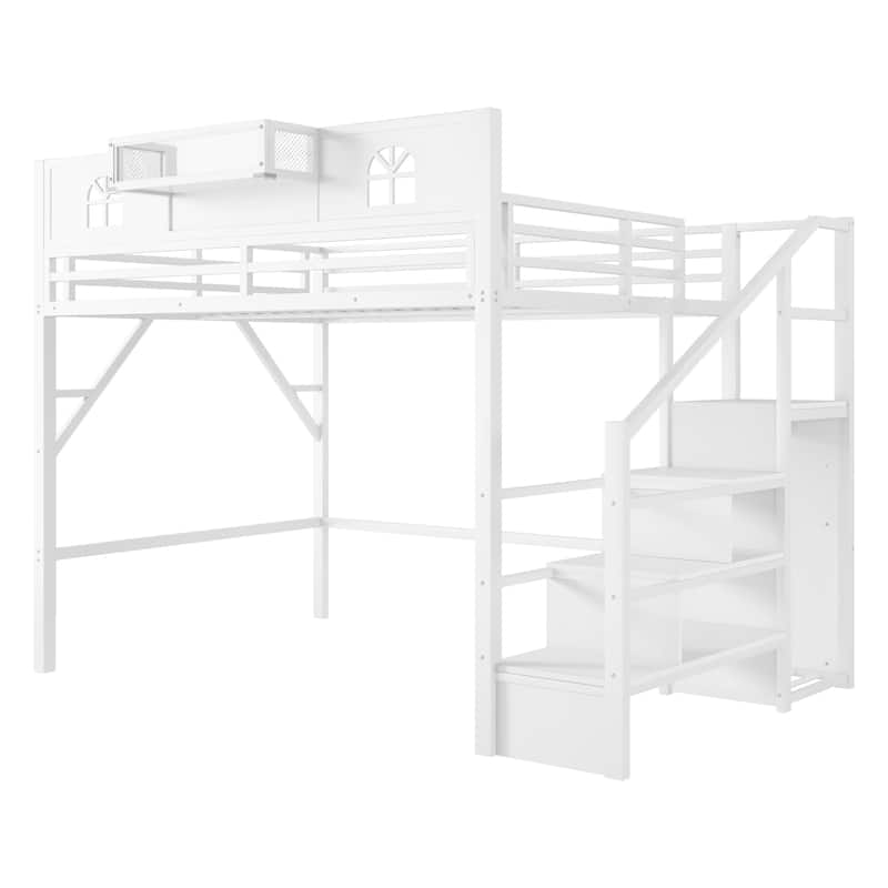 White High Loft Bed Frame with Storage Stairs and Wardrobe, Loft Metal Frame Bed with High House Shaped Guardrails for Kid Teens