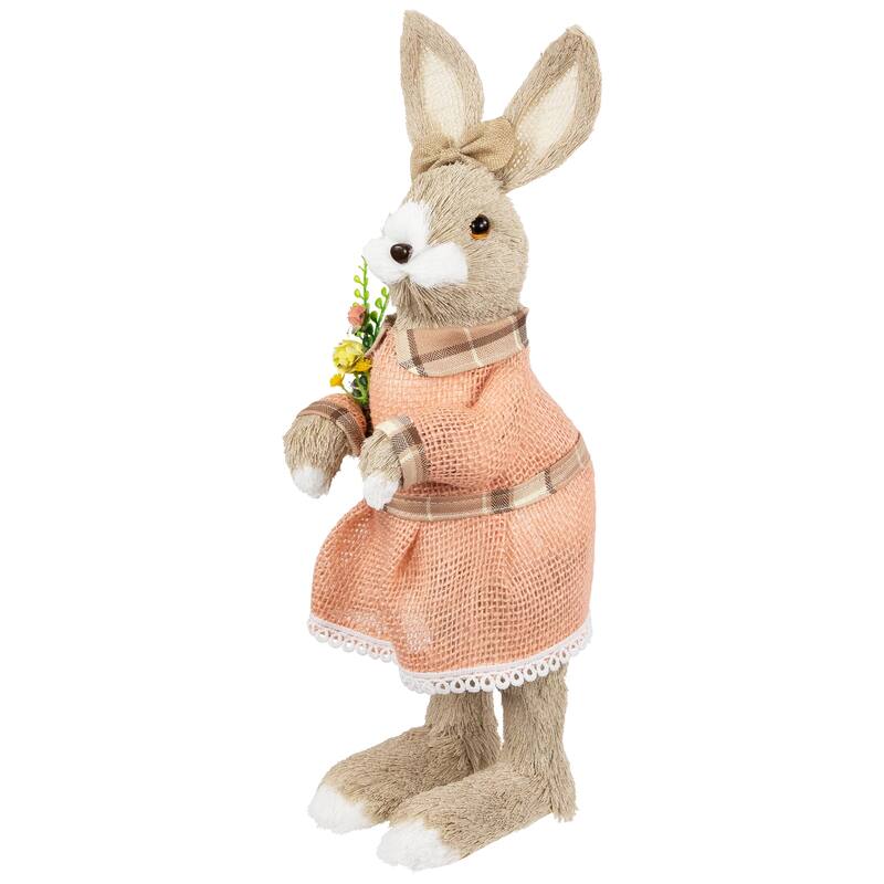 Rustic Girl Rabbit Easter Figure with Flowers - 15.25" - Beige